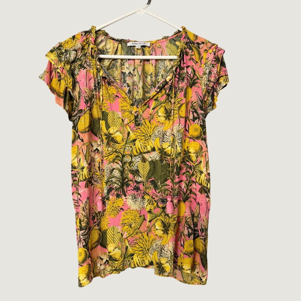 Rose + Olive Pink Yellow Floral Citrus Tassel Ruffle Sleeve Blouse Large